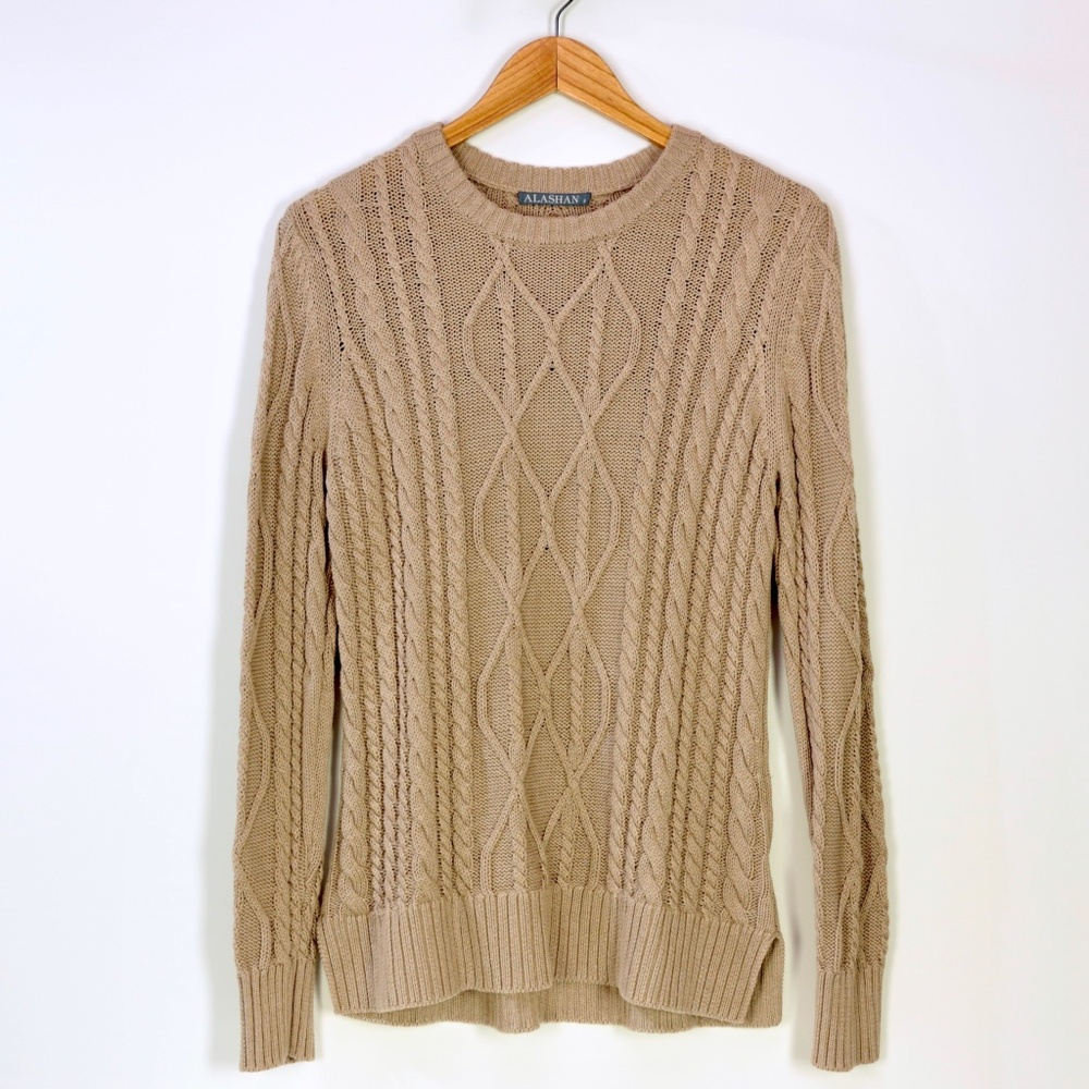 Alashan Cotton Cashmere Cable Knit Camel Tan Pullover Sweater Womens S